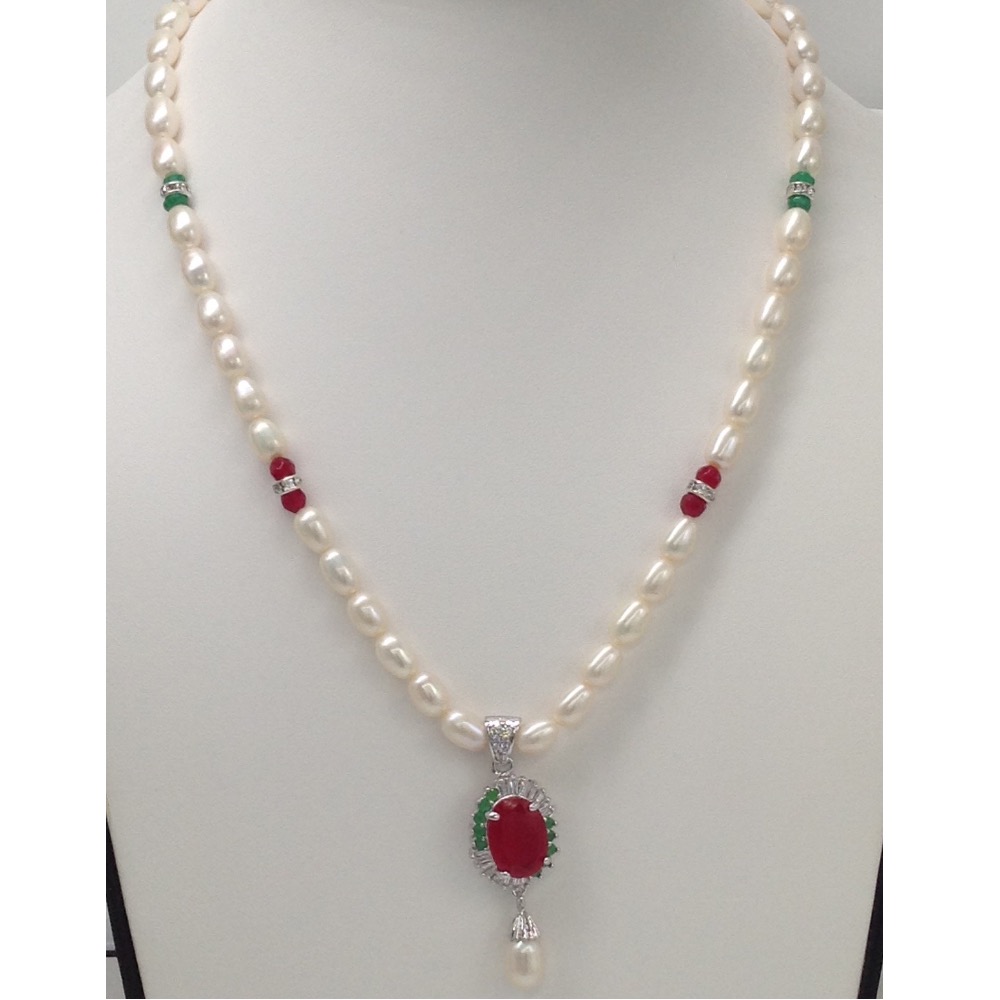 Tri colour cz pendent set with oval pearls mala jps0068 - Image 2
