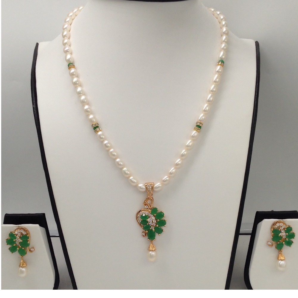White, green cz and pearls pendent set with oval pearls mala jps0074