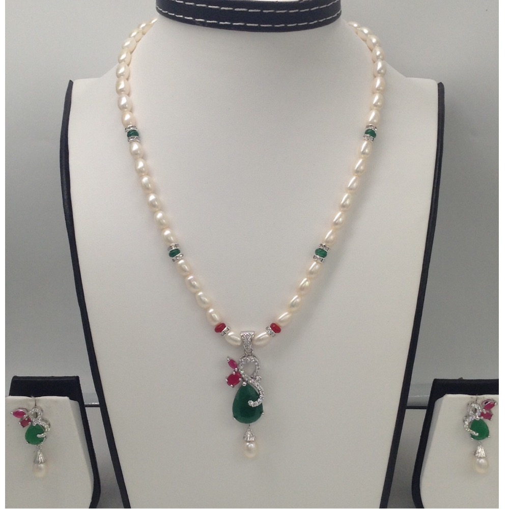 Multicolour cz pendent set with oval pearls mala jps0056