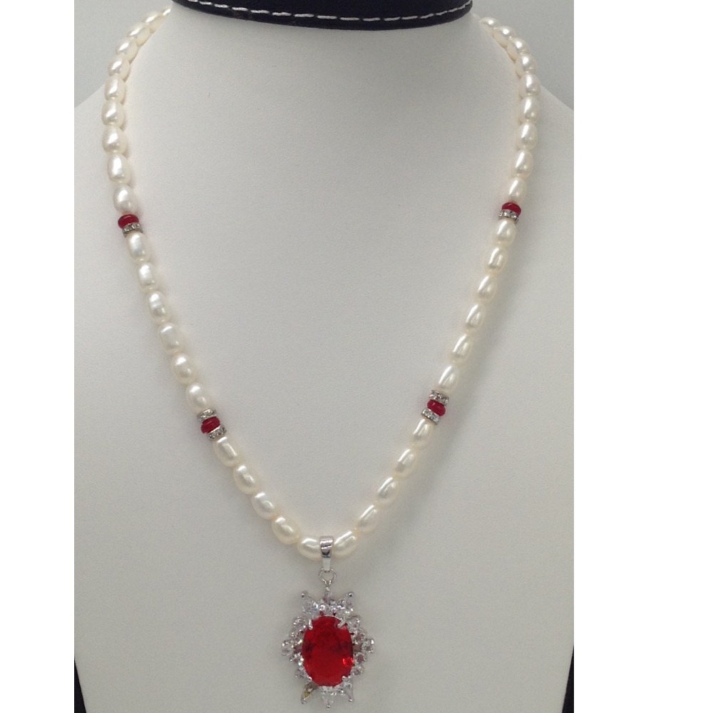 White and red cz pendent set with oval pearls mala jps0014