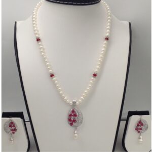 White,red cz pendent set with potato pearls mala jps0019