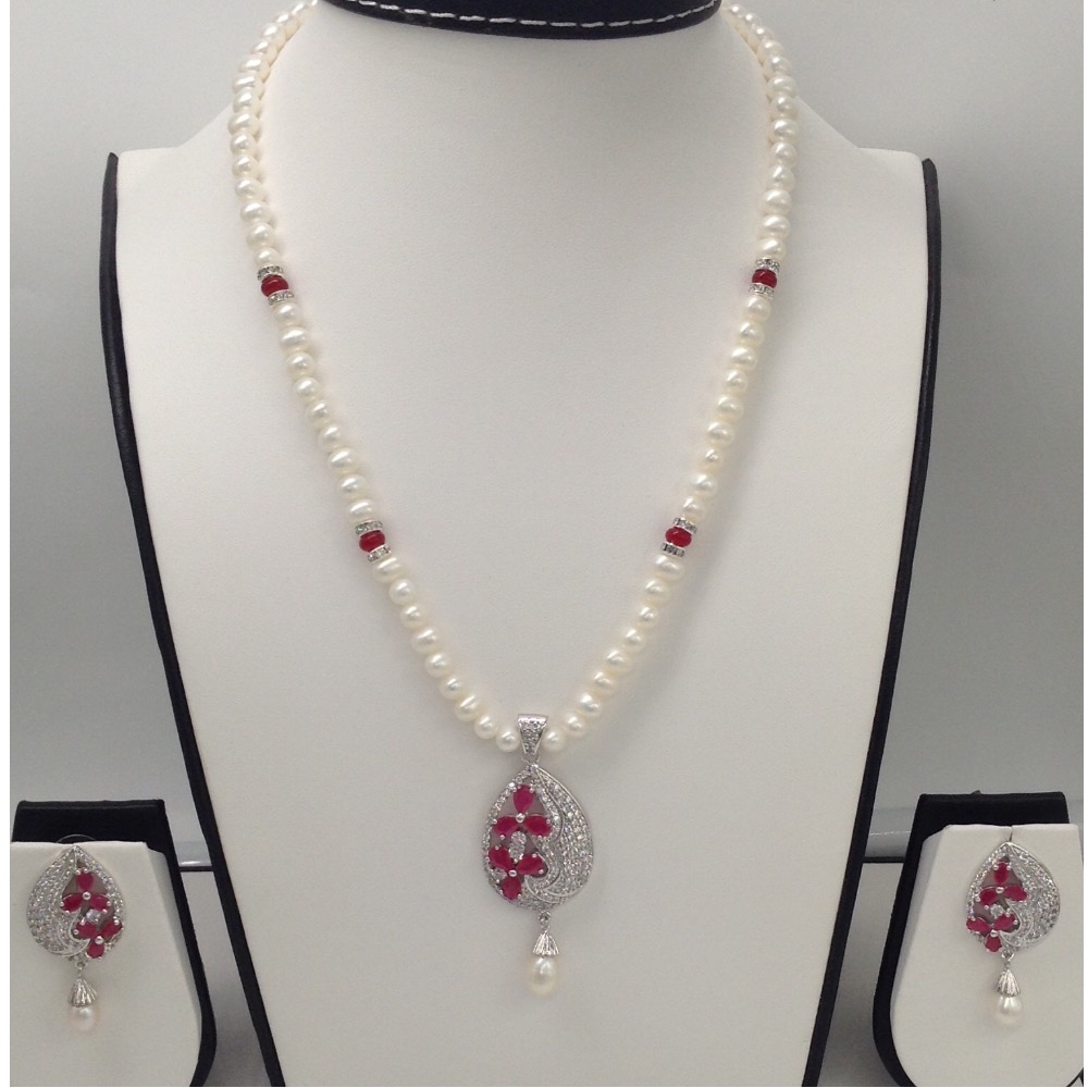 White,red cz pendent set with potato pearls mala jps0019