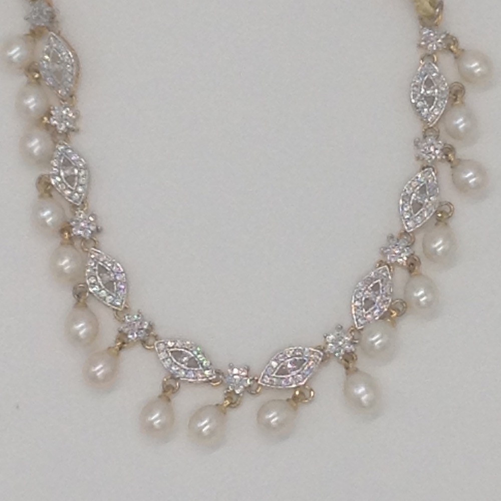 White CZ Stones and Freshwater Tear Drop Pearls Necklace Set JNC0061