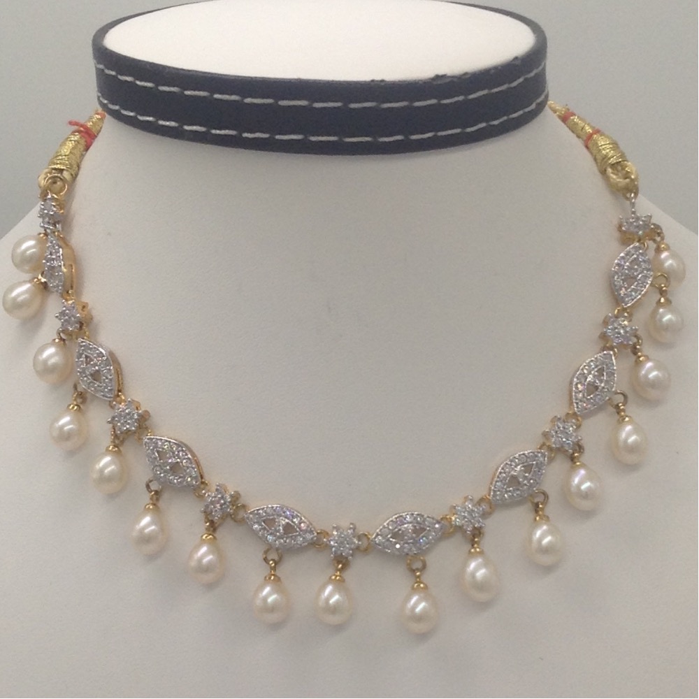 White CZ Stones and Freshwater Tear Drop Pearls Necklace Set JNC0061