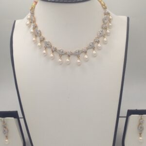 White CZ Stones and Freshwater Tear Drop Pearls Necklace Set JNC0061