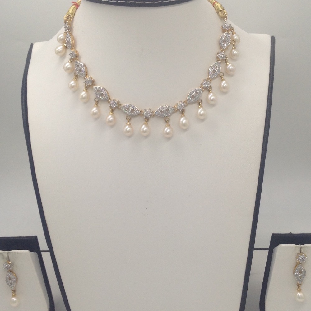 White CZ Stones and Freshwater Tear Drop Pearls Necklace Set JNC0061