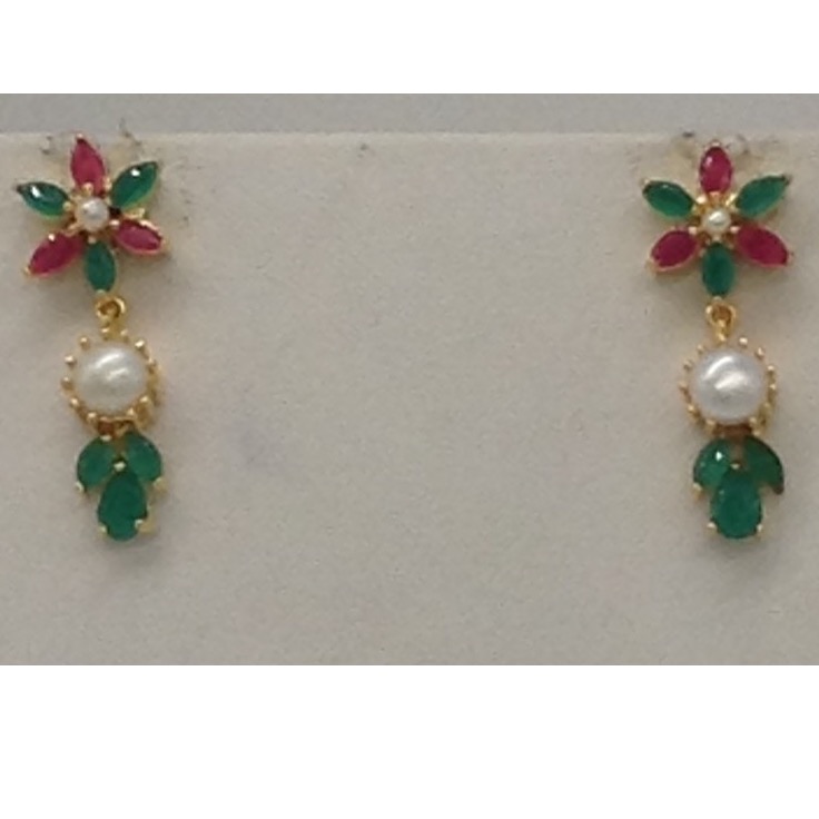 Pearls,Red and Green CZ Stones Marquise Necklace Set JNC0055