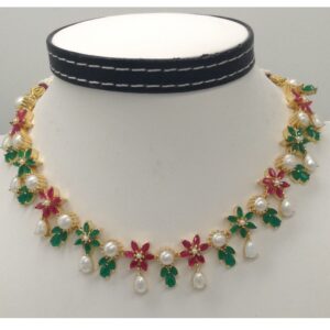 Pearls,Red and Green CZ Stones Marquise Necklace Set JNC0055