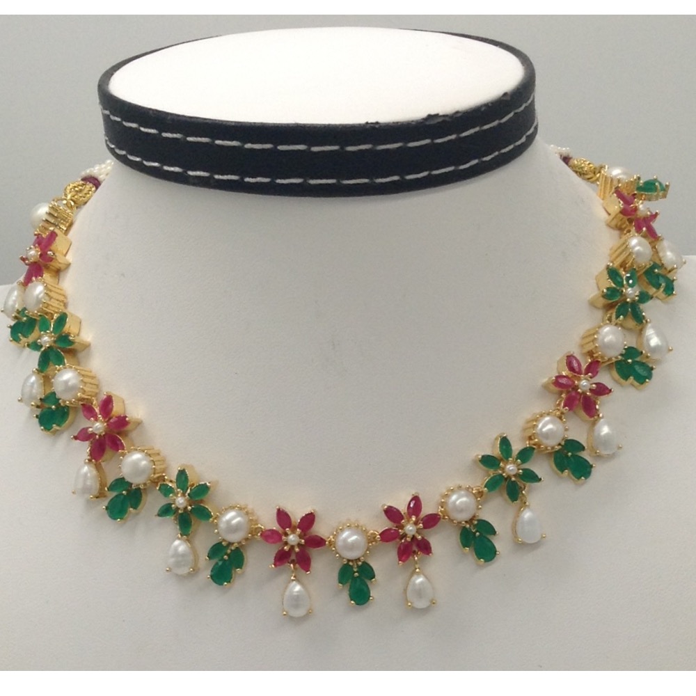 Pearls,Red and Green CZ Stones Marquise Necklace Set JNC0055