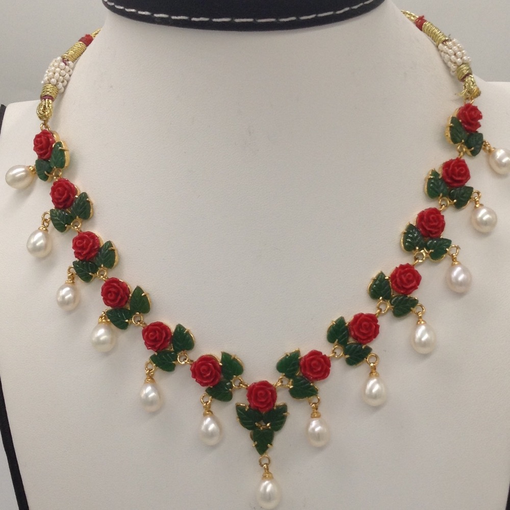 Coral, Jade and Pearls Necklace Set JNC0046