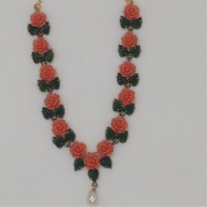 Orange Coral Flowers and Green Jade Leaves Necklace Set JNC0015
