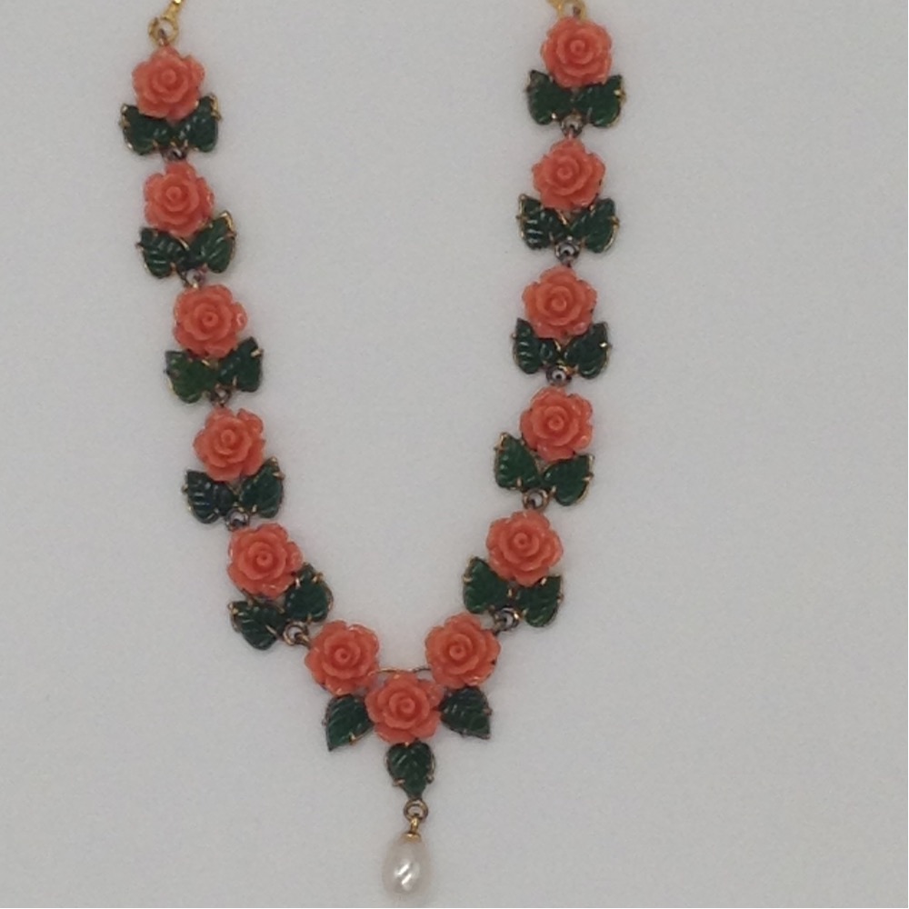 Orange Coral Flowers and Green Jade Leaves Necklace Set JNC0015