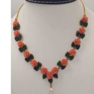 Orange Coral Flowers and Green Jade Leaves Necklace Set JNC0015