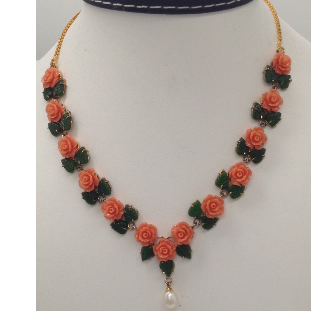 Orange Coral Flowers and Green Jade Leaves Necklace Set JNC0015