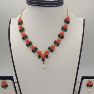 Orange Coral Flowers and Green Jade Leaves Necklace Set JNC0015