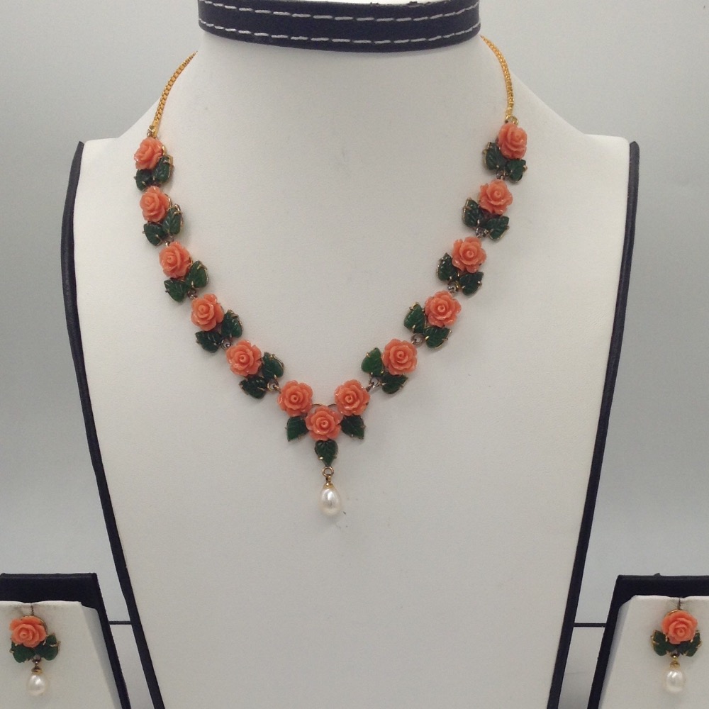 Orange Coral Flowers and Green Jade Leaves Necklace Set JNC0015