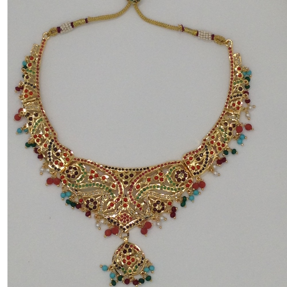 White Pearls and Navratan Stones Amritsar Necklace Set JNC0023