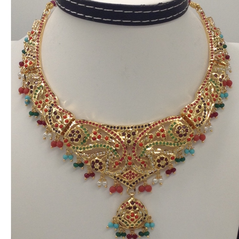 White Pearls and Navratan Stones Amritsar Necklace Set JNC0023