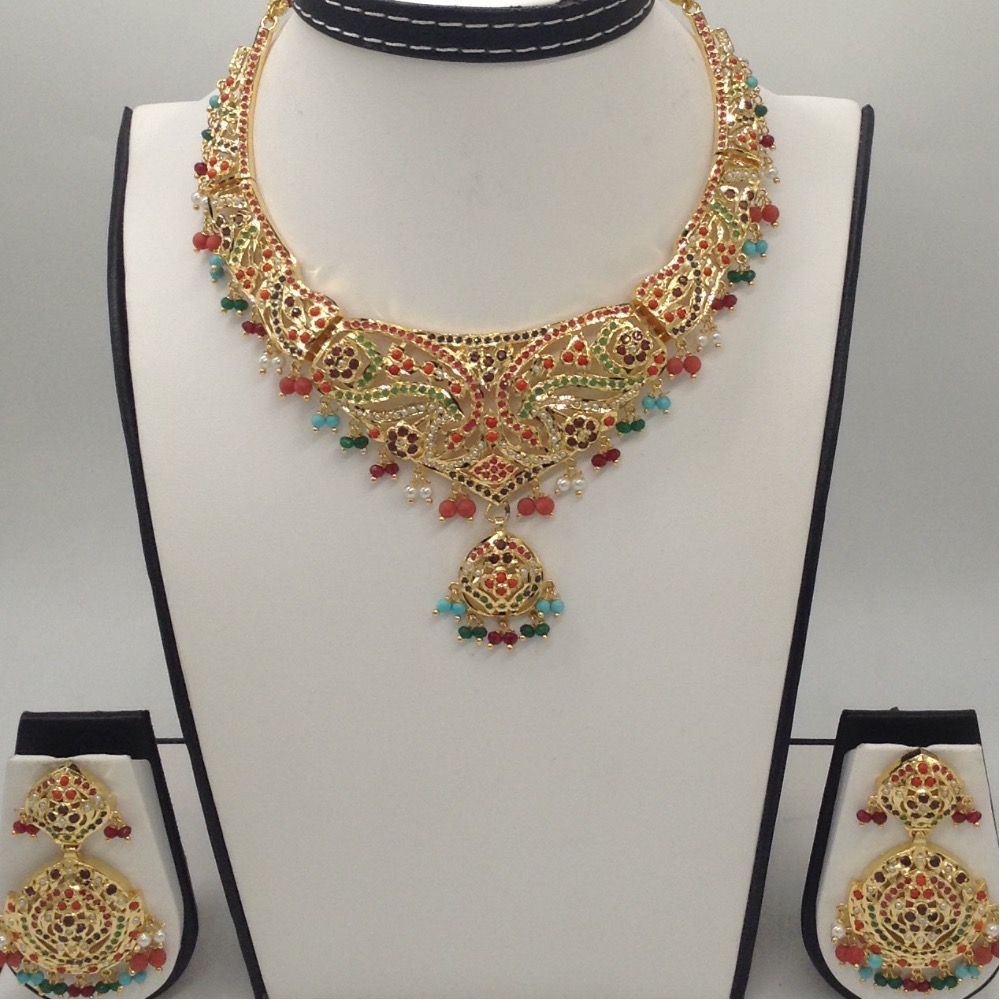 White Pearls and Navratan Stones Amritsar Necklace Set JNC0023