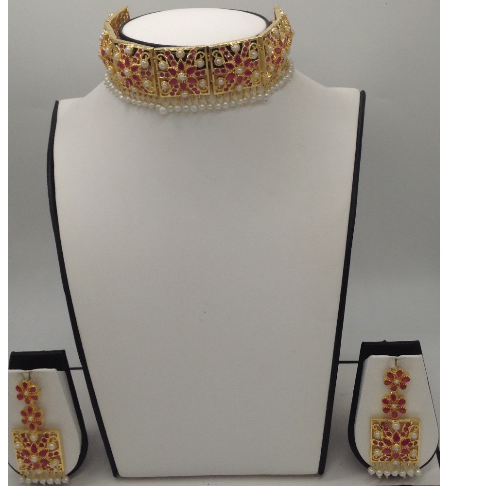 Ruby and White Button Pearls Laccha Necklace Set JNC0033