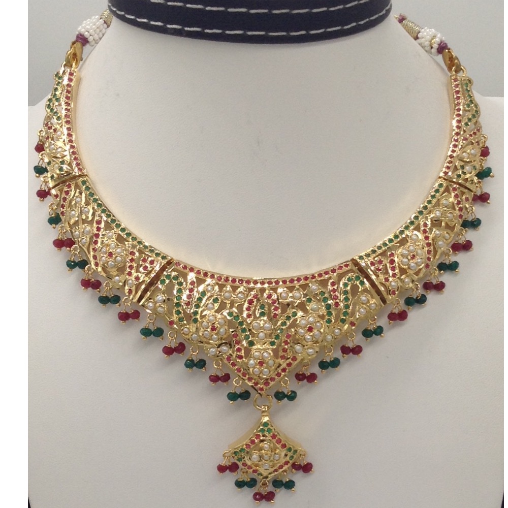 Ruby, Emeralds and White Pearls Amritsar Necklace Set JNC0026