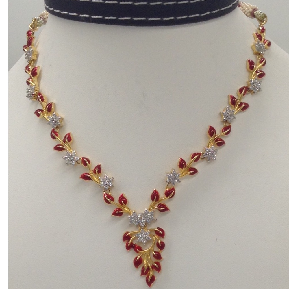 White CZ Stones Necklace Set With Red Enamel JNC0043