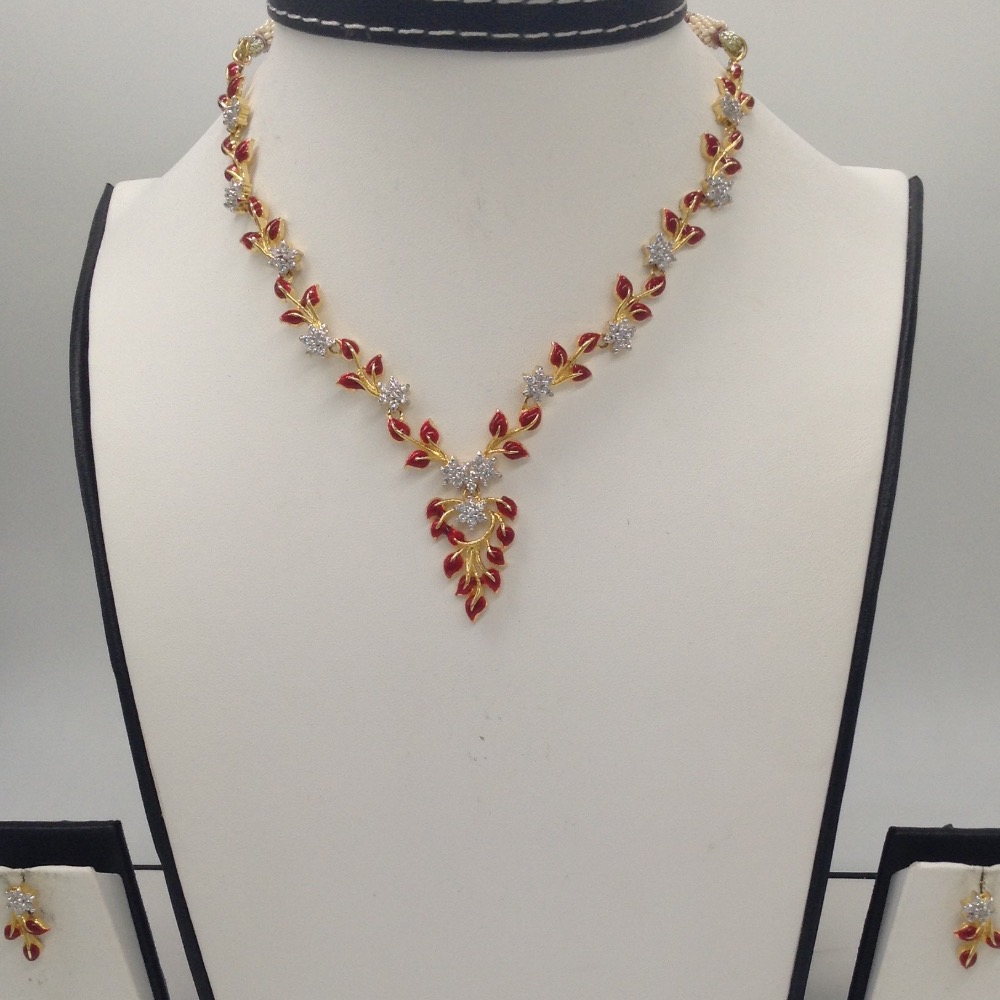 White CZ Stones Necklace Set With Red Enamel JNC0043