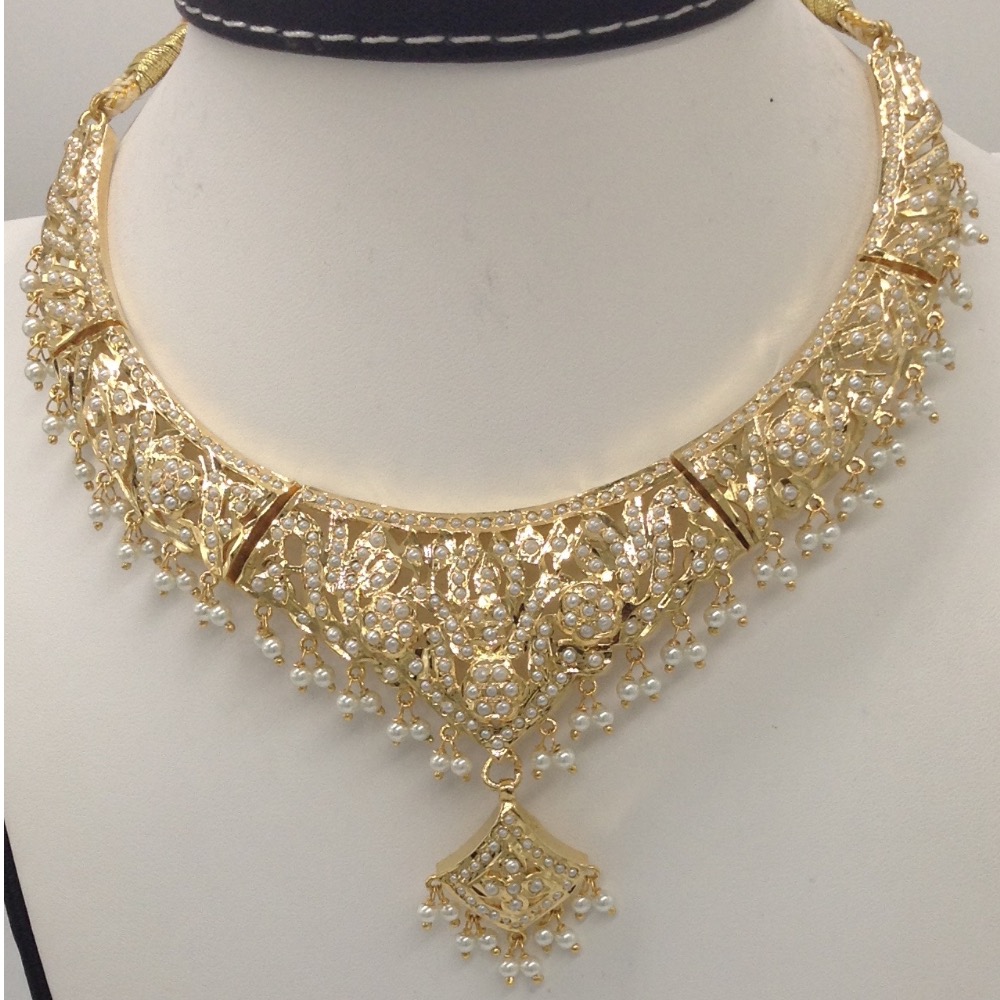Freshwater White Button Pearls Amritsar Necklace Set JNC0025