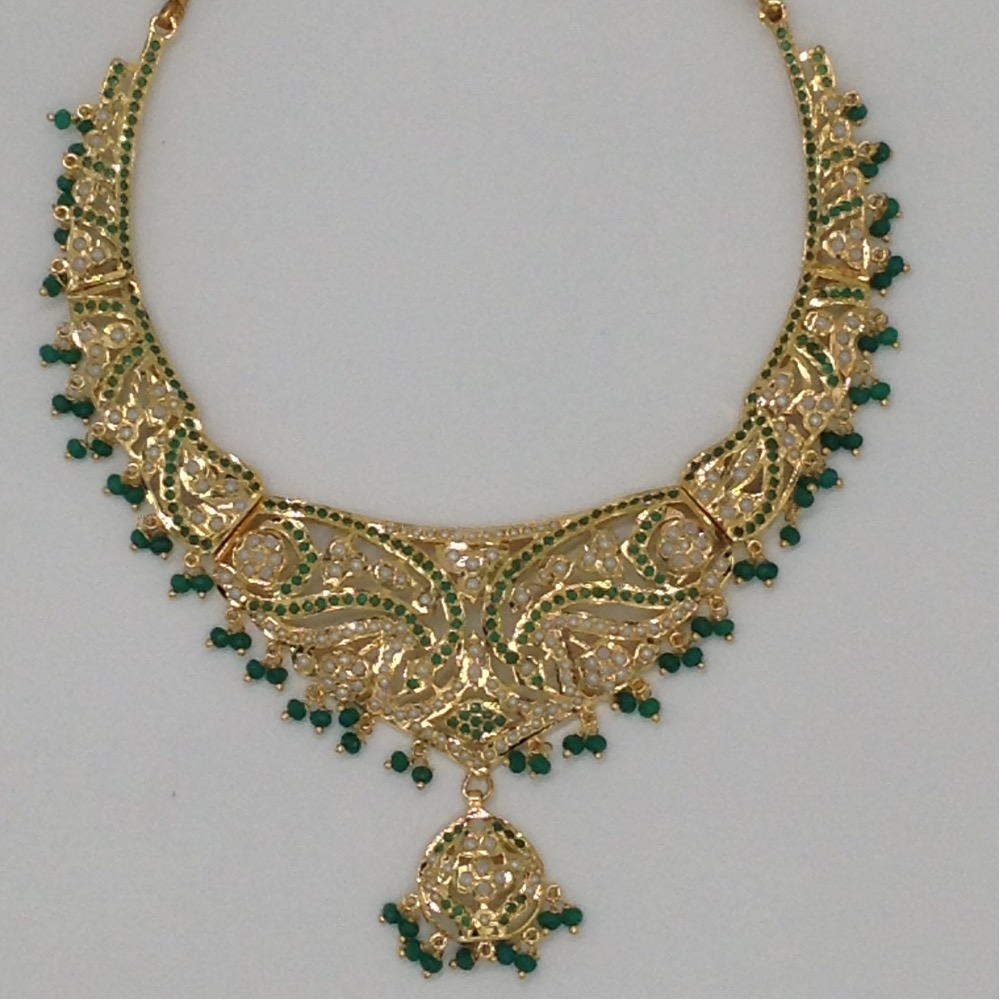 White Pearls And Emeralds Amritsar Necklace Set JNC0022