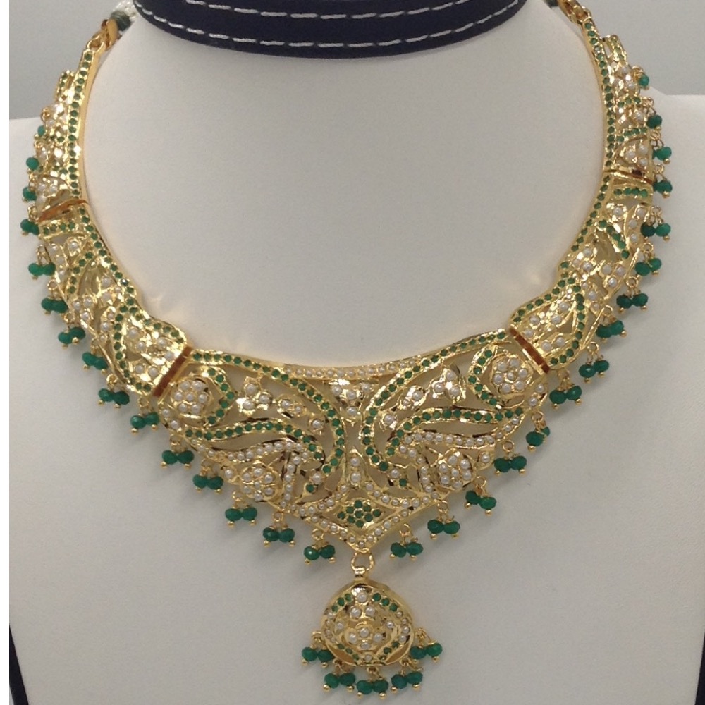 White Pearls And Emeralds Amritsar Necklace Set JNC0022