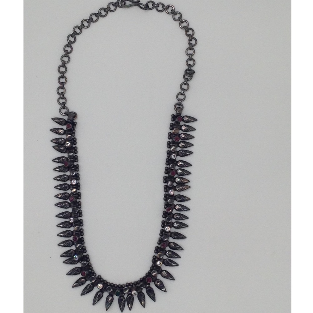 Silver 925 Oxidised Necklace with White CZ and Ruby Stones JNC0017