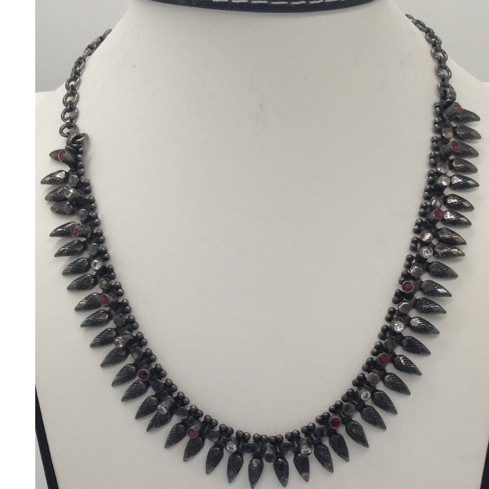 Silver 925 Oxidised Necklace with White CZ and Ruby Stones JNC0017