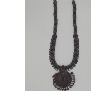 Silver 925 Oxidised Long Necklace Haar with Ruby Stones JNC0019