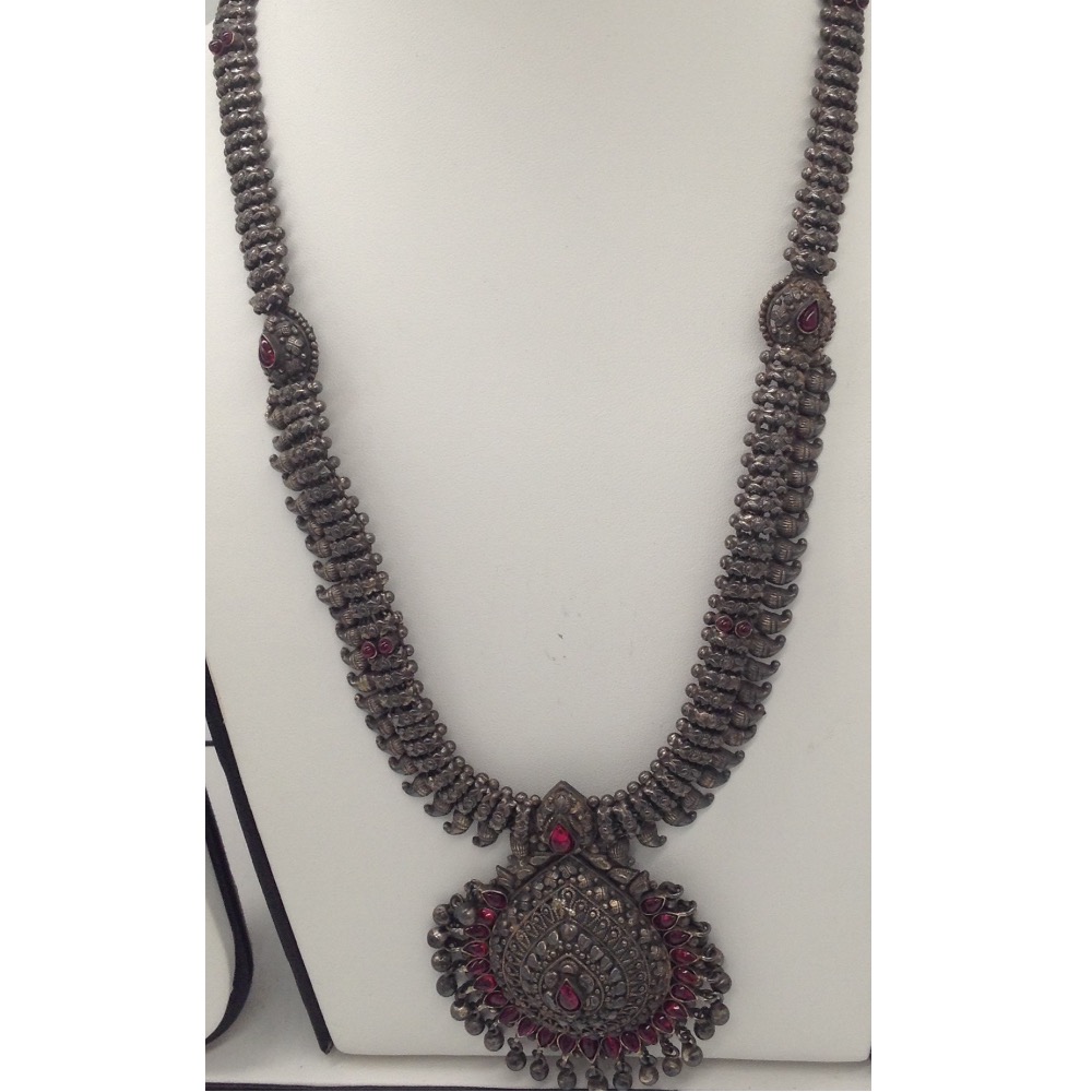 Silver 925 Oxidised Long Necklace Haar with Ruby Stones JNC0019