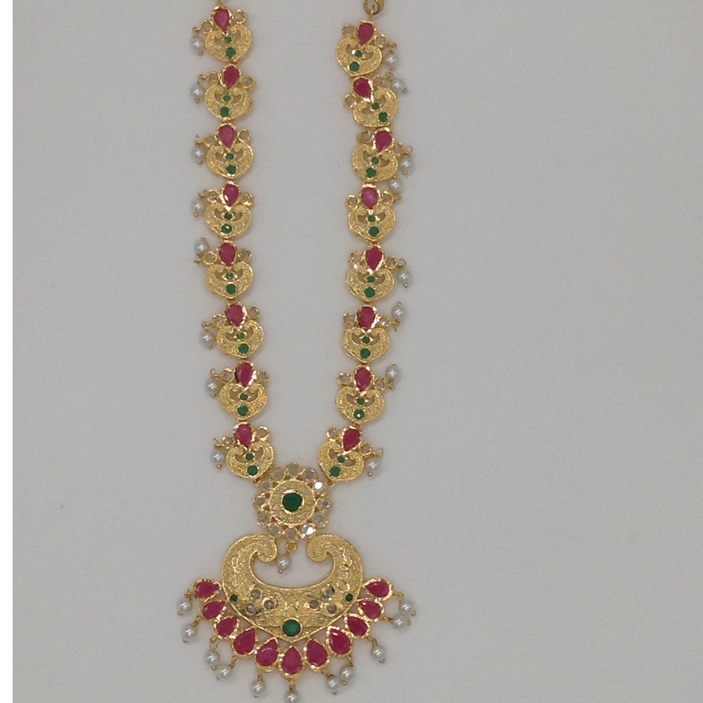 White CZ Polki , Green And Red Stones Necklace Set JNC0037