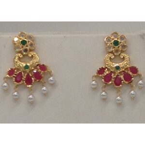 White CZ Polki , Green And Red Stones Necklace Set JNC0037