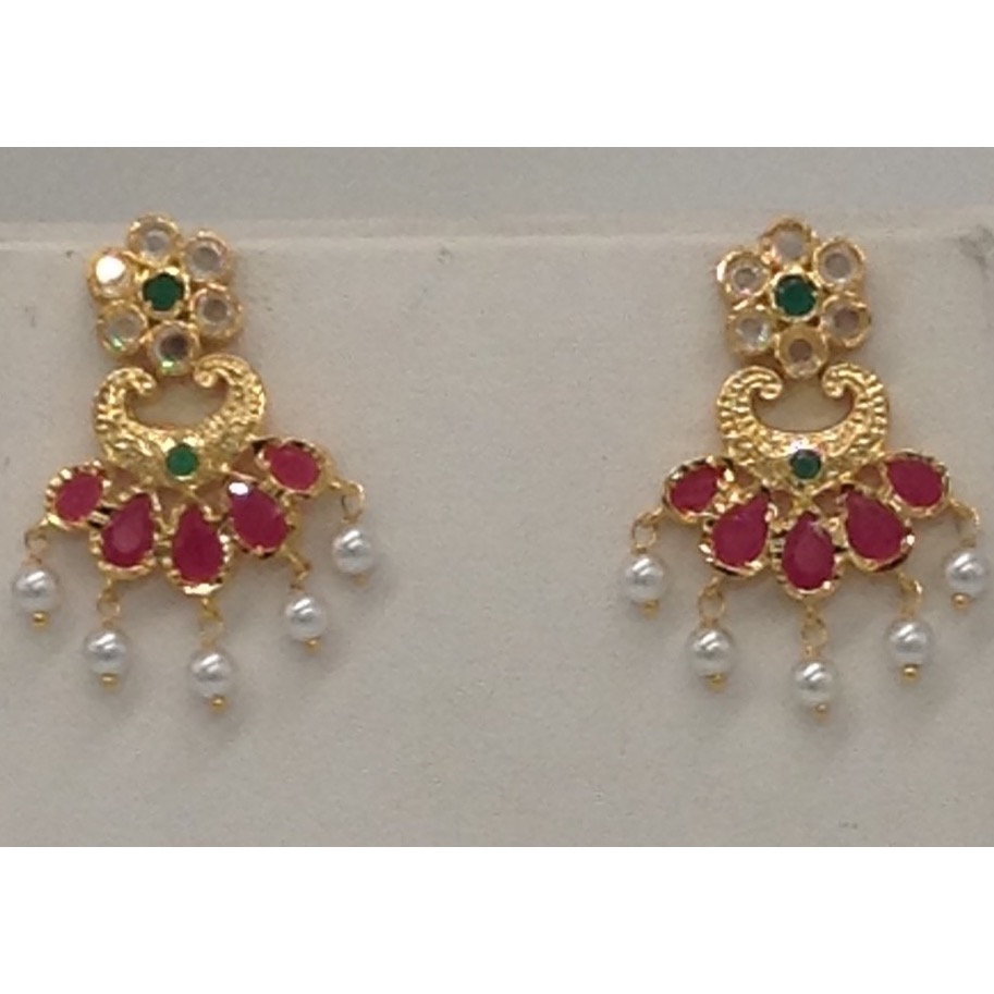White CZ Polki , Green And Red Stones Necklace Set JNC0037