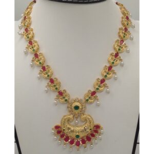 White CZ Polki , Green And Red Stones Necklace Set JNC0037