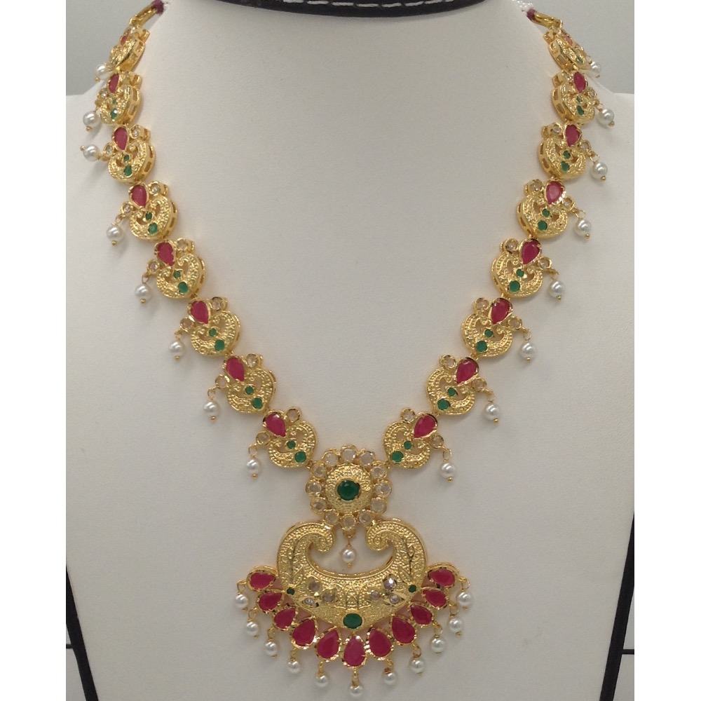 White CZ Polki , Green And Red Stones Necklace Set JNC0037