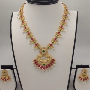 White CZ Polki , Green And Red Stones Necklace Set JNC0037