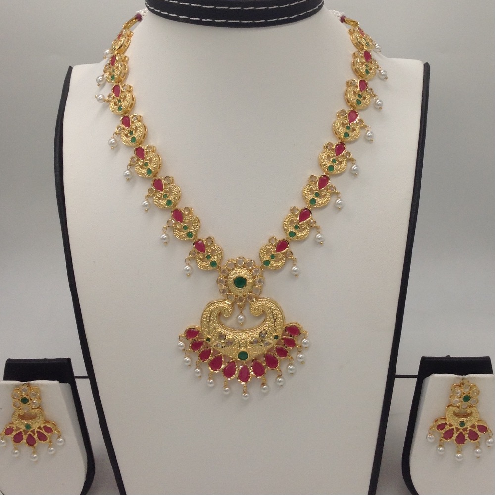 White CZ Polki , Green And Red Stones Necklace Set JNC0037