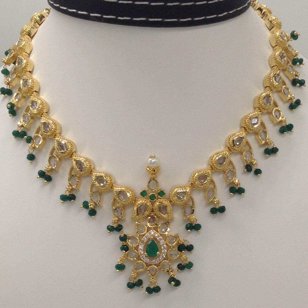 Cz Polki With Green Hangings Mango Necklace Set JNC0063