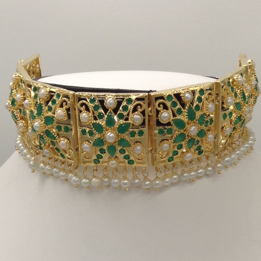 Emeralds And White Pearls Laccha Necklace Set JNC0034