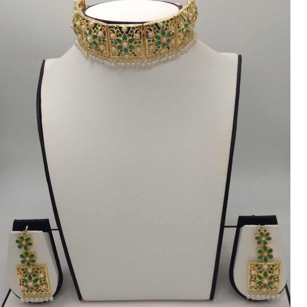 Emeralds And White Pearls Laccha Necklace Set JNC0034