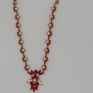Freshwater White Button Pearls And Orange Corals Necklace Set JNC0051