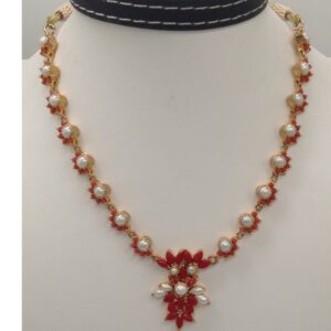 Freshwater White Button Pearls And Orange Corals Necklace Set JNC0051