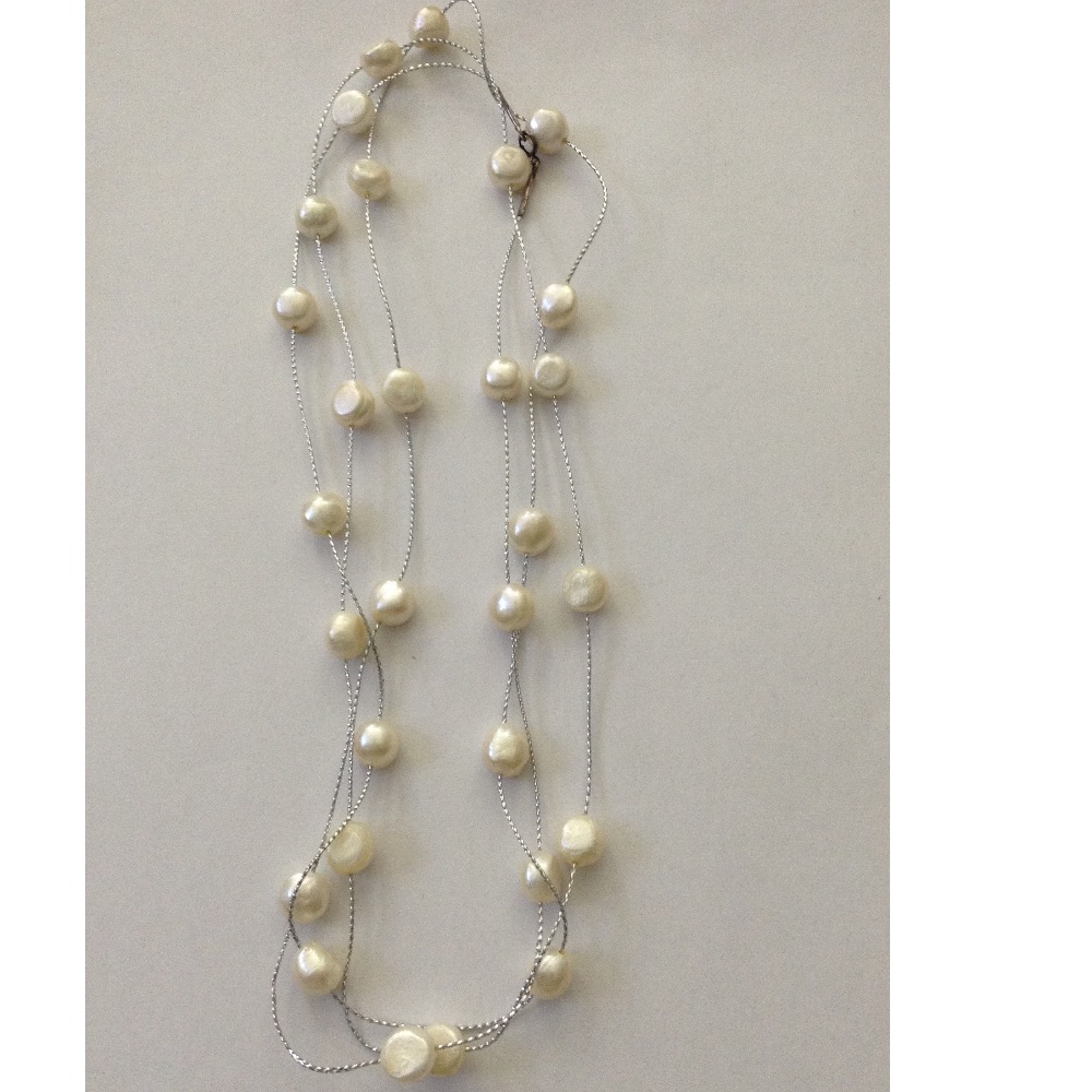 Freshwater White Button Pearls Long White Chain Mala JPM0303