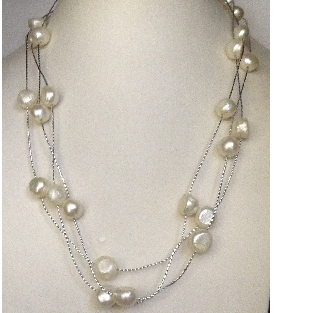 Freshwater White Button Pearls Long White Chain Mala JPM0303