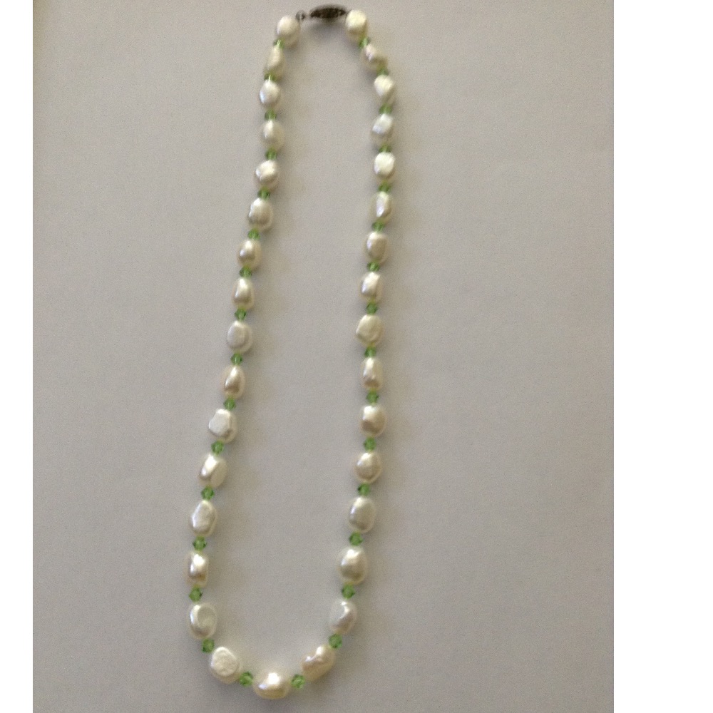 Freshwater White Oval Kudkal Pearls Mala With Green Crystals JPM0305