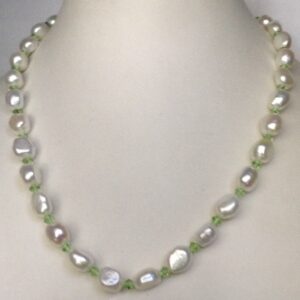 Freshwater White Oval Kudkal Pearls Mala With Green Crystals JPM0305